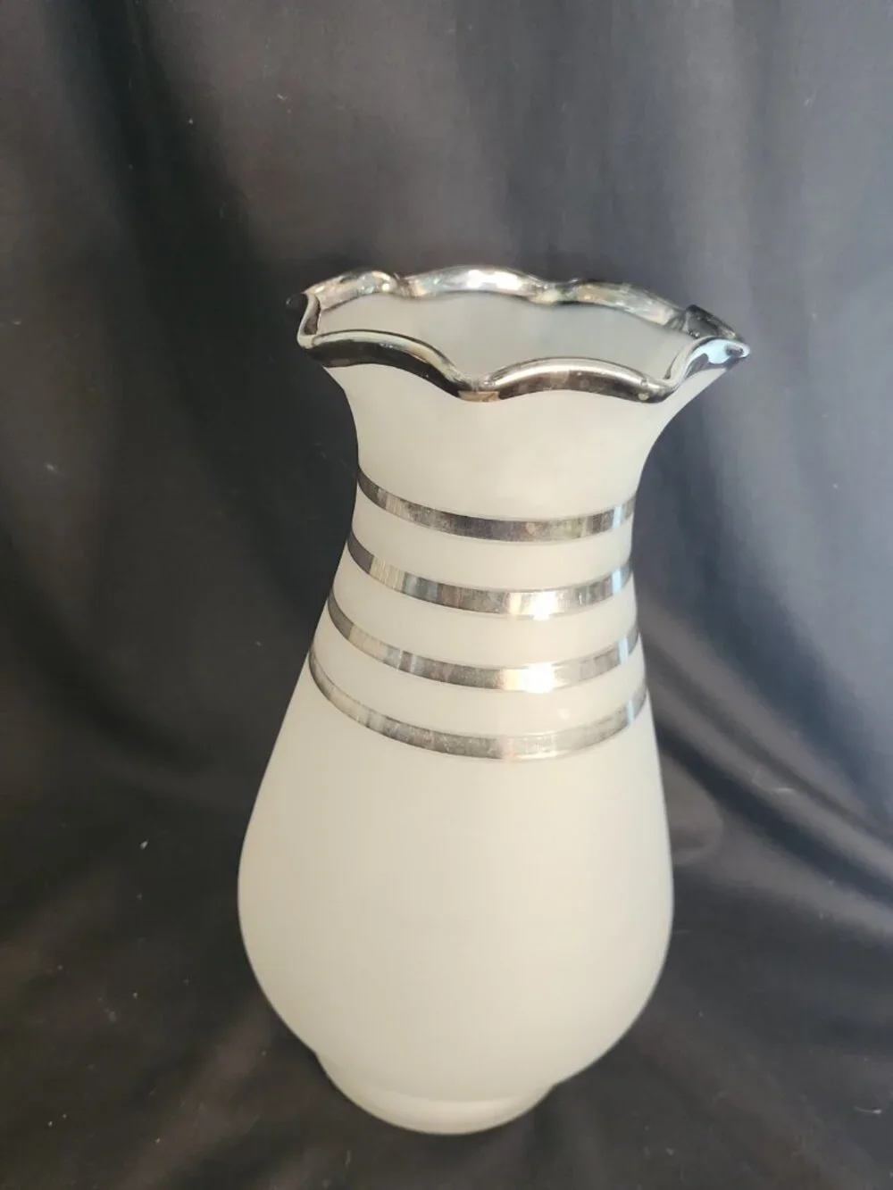 Vintage Art Deco White Frosted Glass Vase Silver Stripes/Bands & Ruffled Rim